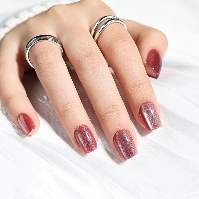 Press On Nails - Short Square Press on Nails Rose Glazed Nails Press Ons for Women DIY Fake Nails Kit with Glue, Glossy Reusable Glue on Nails Short in 15 Sizes - 30pcs, Rosewood Glow