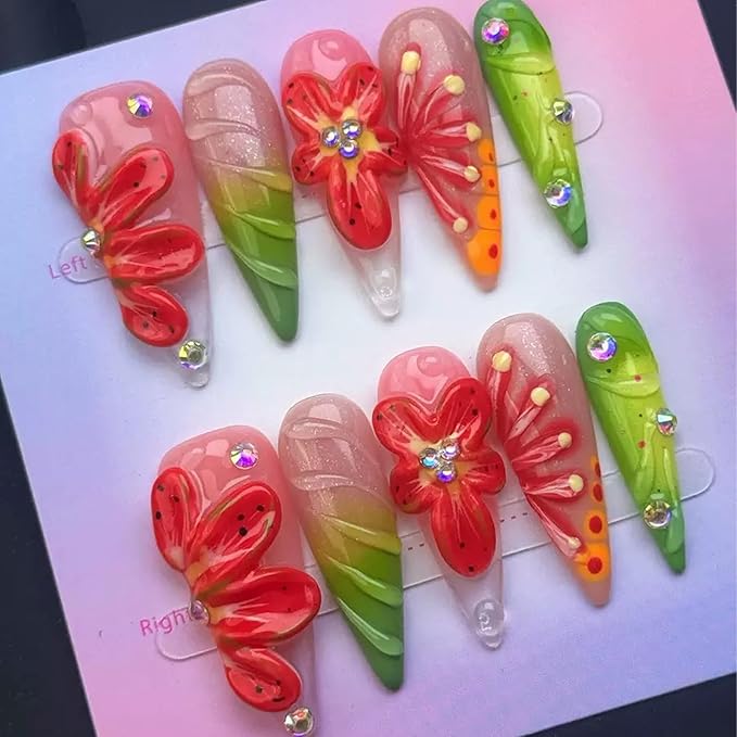 100% Handmade Press on Nails Long Stiletto Fake Nails Red 5D Flower Glue on Nails Ombre Green False Nails with Rhinestones Water Ripple Handmade Nail for Women Girls Daily Wear Manicure 10pcs Size L