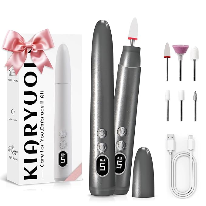 Cordless Electric Nail Drill Kit, Portable Rechargeable Nail Drill Set, Battery Electric Nail File, 5 Speeds Modes, LED Lighting, Reversible Direction, DIY, Professional (Grey)