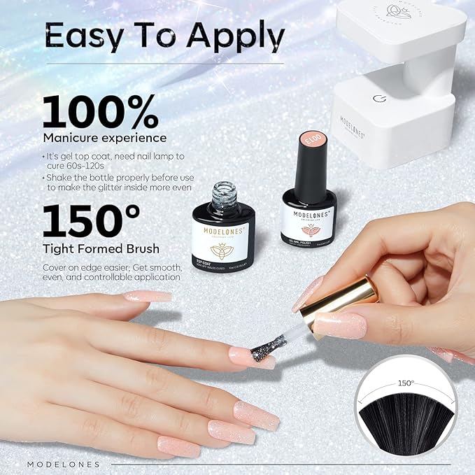 modelones Glitter Gel Top Coat, Reflective Iridescent Silver Mix Glitter Sparkle Clear Gel Polish No Wipe Glossy Confetti Sparkly Long Lasting Rainbow Shimmer Soak Off Nail Art Manicure Gift