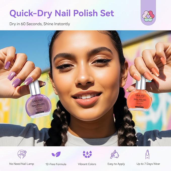 SAVILAND Nail Polish Set: Quick Dry Nail Polish 12-Free Colors Glitter Nails Polish Mermaid Pearl Top Coat Polish for Women Girls Clean Nails Nail Art DIY Home Gift