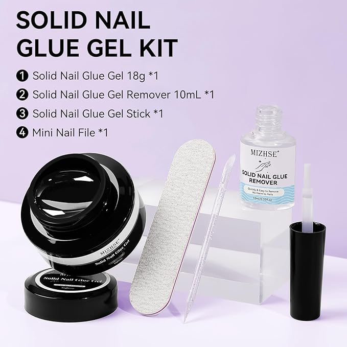 MIZHSE Solid Nail Glue Gel and Glue Remover, Strong Adhesion 18g Solid Gel Glue Kit for Acrylic Fake Nails and Nail Tips 10mL Press on Nails Remover Easy Removal
