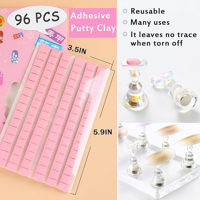 Stand for Press Ons Display Practice Art Magnetic Fake Nails Holder With 96pcs Stiletto Square Full Cover Tips, Reusable Putty for Home DIY Beginner Salon Kit Supplies