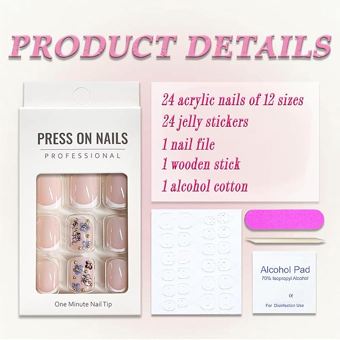 Press on Nails Short Square MABKJLF Fake Nail White French Tip False Nails with Rhinestones Flower Gold Ball Designs Glossy Glue on Nail Spring Full Cover Acrylic Nails for Women Girls 24Pcs