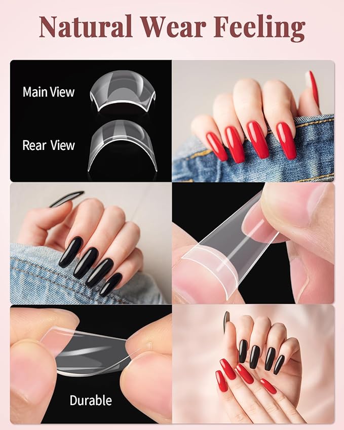 MORGLES Clear Acrylic Nail Tips, 500 Pcs French Nail Tips Square Half Cover with Glue, Clipper, Files and Cuticle Fork for Salons and Home DIY