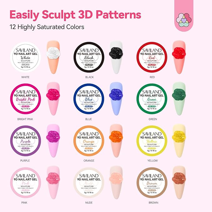 SAVILAND 3D Nail Gel Set: 12 Colors Non-Sticky Soak Off 3D Sculpting Gel for Nail Art Painting Drawing Hand Carving Molding with Sculpture Pen for 3D Nail Art Design Home Salon Manicure DIY