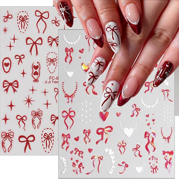 8 Sheets Cute Bow Heart Nail Art Stickers 3D Self-Adhesive Valentines Nail Stickers Laser Red White Heart Bows Nail Decals French Tip Nails Supplies for Women DIY Acrylic Nails Decorations
