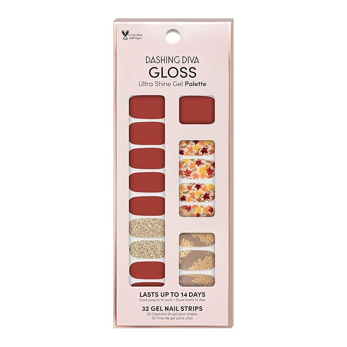 Dashing Diva Gloss Nail Strips - Fallen Leaves | UV Free, Chip Resistant, Long Lasting Gel Nail Stickers | Contains 32 Nail Wraps, 1 Prep Pad, 1 Nail File