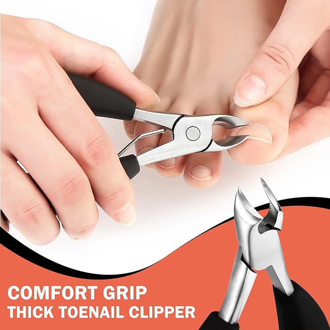 BEZOX Toenail Clipper Kit 4PCS Nail Care Set for Ingrown Toenails – Curved Head Toe Nail Clippers for Seniors for Thick Nails, Thick Fingernail Clippers, Long Nail File & Dual-Ended Lifter - Black