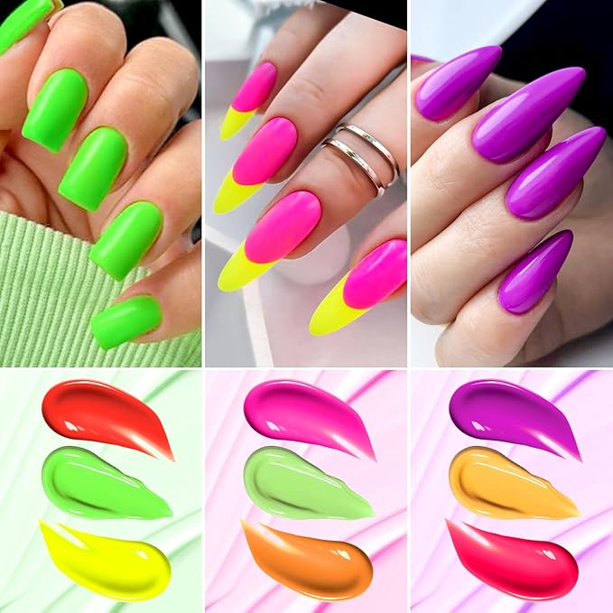 MTSSII Neon Gel Nail Polish Set, 12 Colors Hot Pink Orange Yellow Green Blue Red Purple Spring Summer Nail Polish Set Fluorescent Gel Nail Kit for Home DIY Manicure Nail Salon
