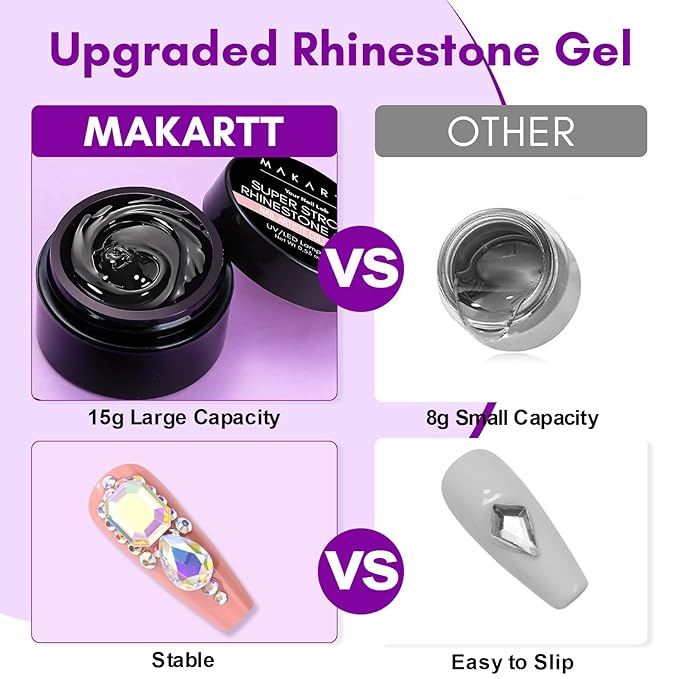 Makartt Nail Rhinestone Glue for Nails, Super Strong Gel Nail Glue Bundle with Rhinestone Glue for Nails, 15ml Clear Nail Gem Glue with Nail Brush Kit for 3D DIY Decorations