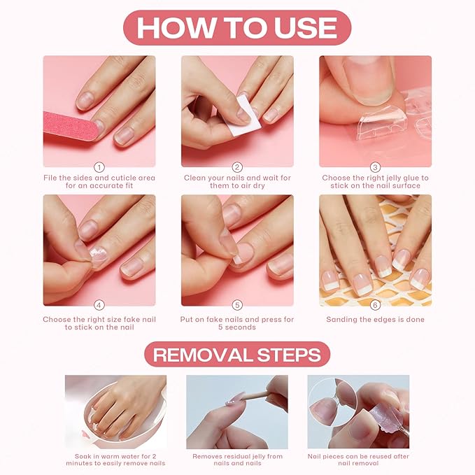 10 Pcs Handmade Acrylic Press on Nails Short Duck Fake Nails with Design 3D Gold Metal Rhinestone Heart Charm Glue on False Nails French Tip Pink Artificial Handmade Nails for Women - Size M