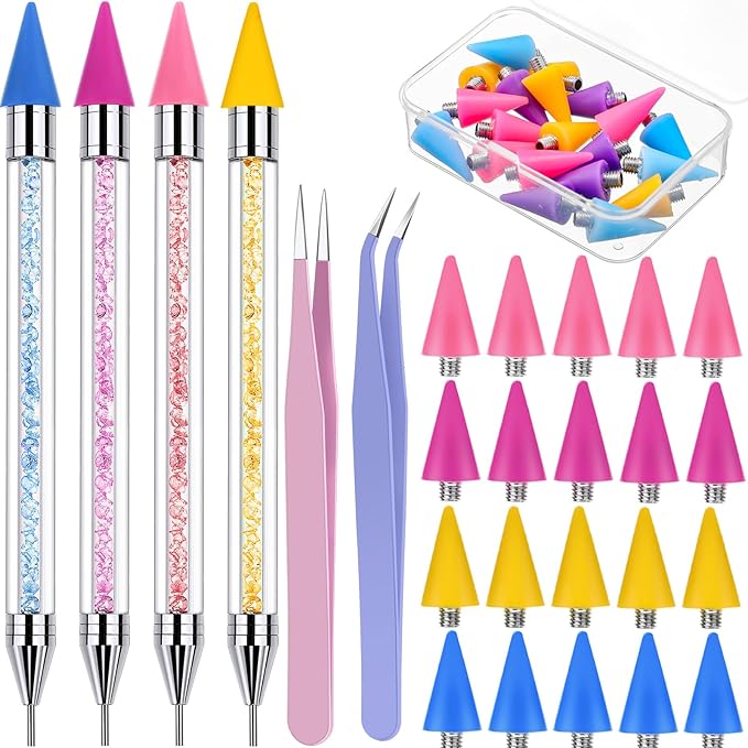Tatuo 4 Set/26 Pcs Rhinestone Picker Tool Dotting Pen Dual-ended Nail Art Rhinestones Applicator Gems Crystals Beads Picker Wax Pencil with 20 Wax Head 2 Tweezers DIY Nail Art Tool(Pastel)