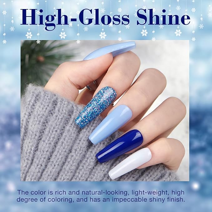 AZUREBEAUTY Dip Powder Nail Kit Winter White Navy Blue Glitter 4 Colors Acrylic Dipping Powder Liquid Set with Base/Top Coat Activator for French Nail Art Manicure DIY Gift for Women