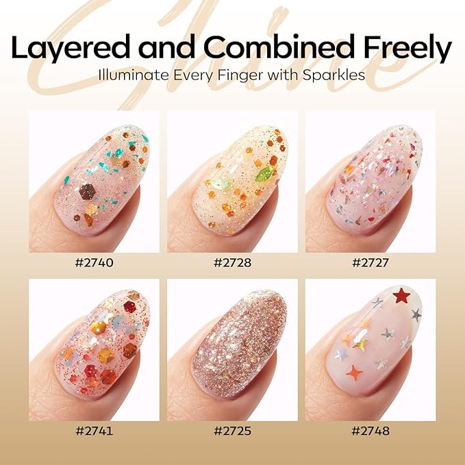 modelones Glitter Gel Nail Polish Set, 6 Colors Geometric Shapes Star Gold Glitter Ornament Gel Polish Collection with Wooden Stick All Seasons Soak Off LED Manicure DIY Gift