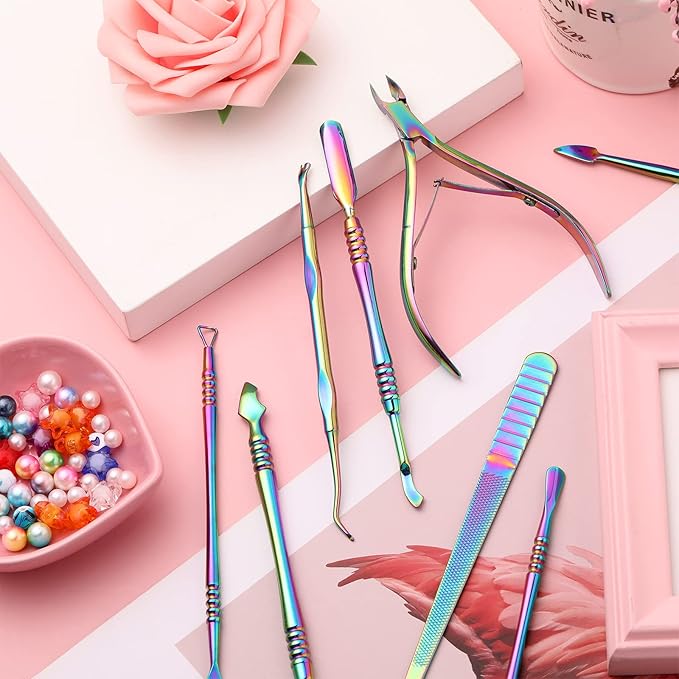 12 Pieces Cuticle Nippers Cuticle Pusher Ingrown Nail Kit Triangle Nail Polish Remover Nail Cleaner Fork Nail File Lifter Cuticle Peeler Scraper for Fingernail Toenail Manicure(Rainbow)
