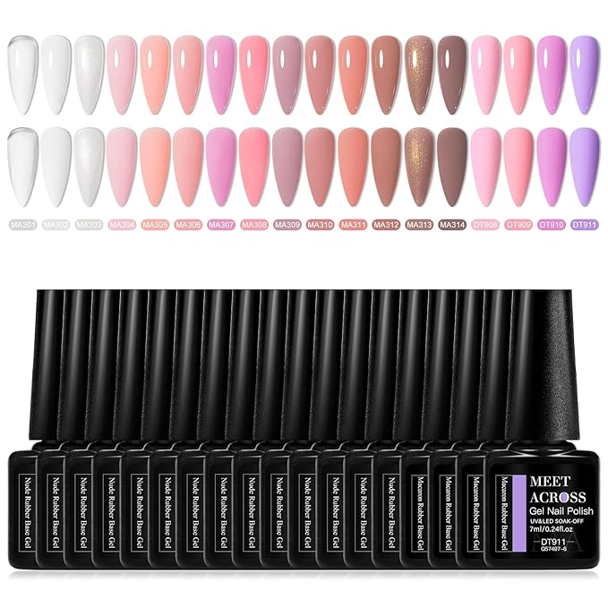 MEET ACROSS 18Pcs Nude Pink Rubber Builder Base Gel Nail Polish Set Brown 2 IN 1 Builder Gel Nail Kit Soak Off Rubber Base Gel Polish Nail Art Gifts