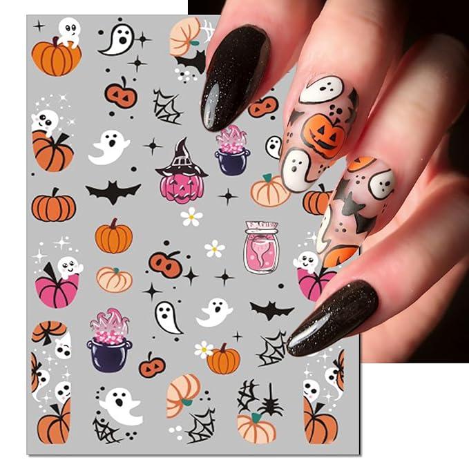 Halloween Nail Art Stickers, Pink Pumpkin Nail Decals, 3D Self-Adhesive Spider-Web Bat Design for DIY Nail Supplies Decoration (6 Sheets)