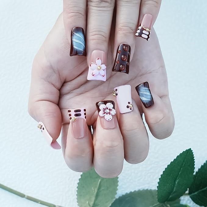 Handmade Duck Press on Nails, 3D Luxury Rhinestone Flower Design French Dark Brown Fake Nails Short Duckbill-shaped False Nails for Women Nail Art DIY (Blush Mauve Flower Waltz,M)