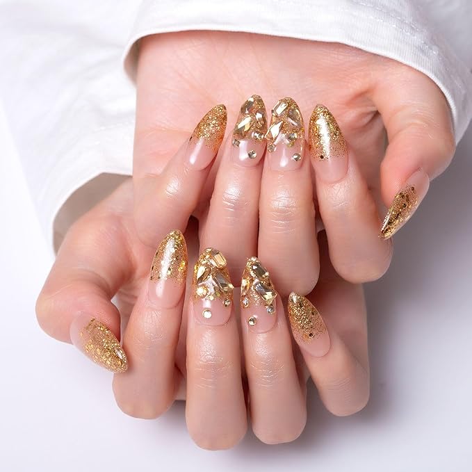 LOVFUL Press on Nails Chateau Glimmer | Handmade with Full Covered Crystals | Reusable Full Cover Nails | Almond Regular 1.0 in | P001-S