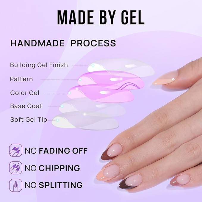 BTArtbox French Tip Press On Nails, Short Almond Supremely Fit & Natural Glue On Nails with Nail Glue, Reusable Stick On Nails in 16 Sizes - 32 Soft Gel Fake Nails Kit, Morning Coffee