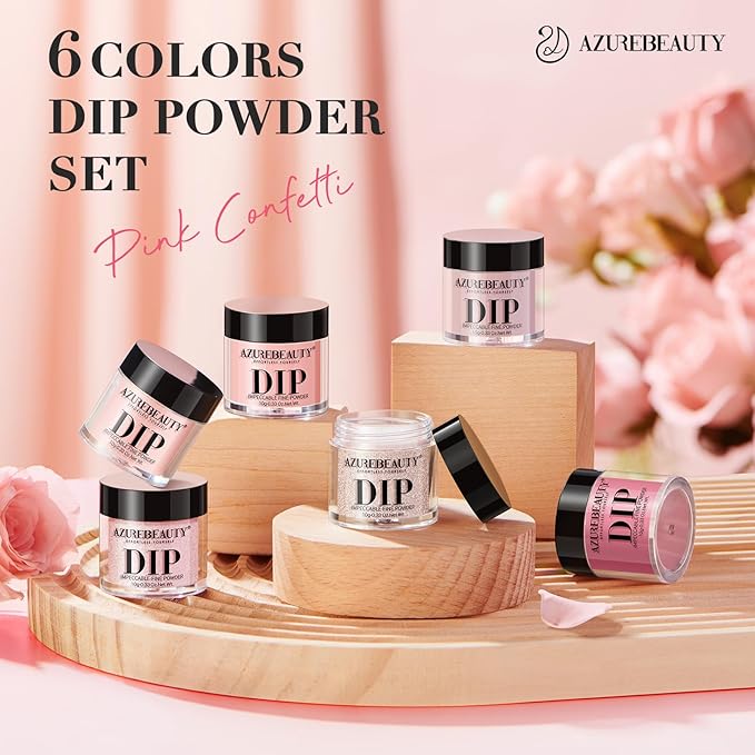 AZUREBEAUTY Pink Dip Powder Nail Set, All Season 6 Colors Nude Pink Glitter Cherry Blossom Shades Dipping Powder Nail Starter Kit French Art Manicure DIY Gifts for Women, No Need Nail Lamp Cured
