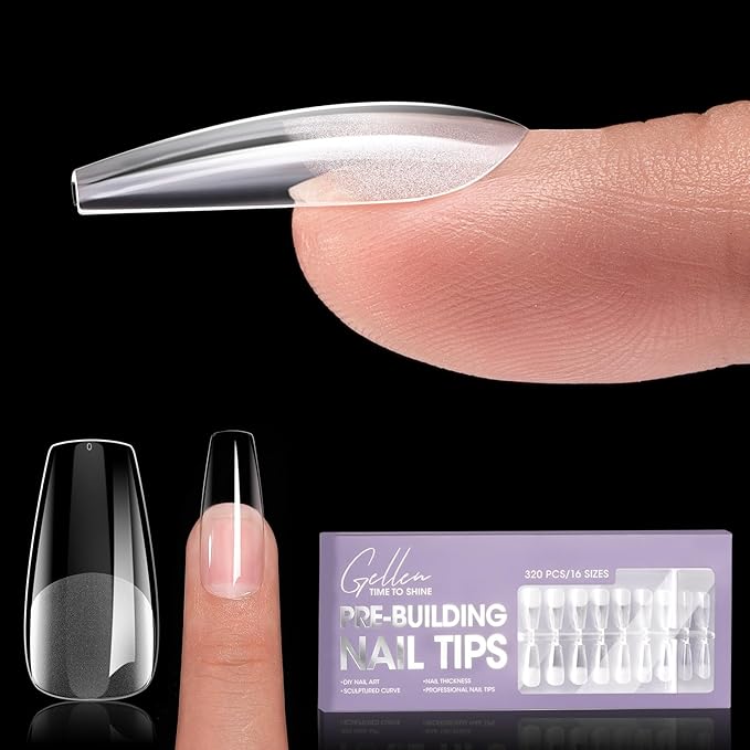 Gellen Tipex Instant Apex Nail Tips, Medium Coffin Gel Tips X Full Cover Nail Extension Tips, Strong Hard Clear Pre-etched Press-on Nails, Pre-file Underside False Nails for Flat Nails