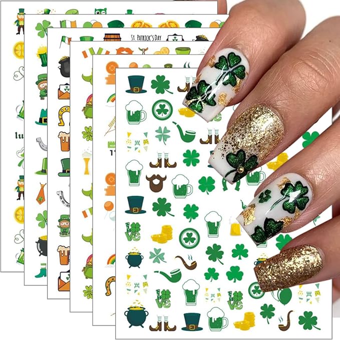 6Pcs St. Patrick's Day Nail Art Stickers 3D Self Adhesive Spring Four Leaf Clover Nail Decals Lucky Shamrock Nail Stickers St. Patrick's Day Hat Letter Design Irish Nail Supplies Accessories for Women