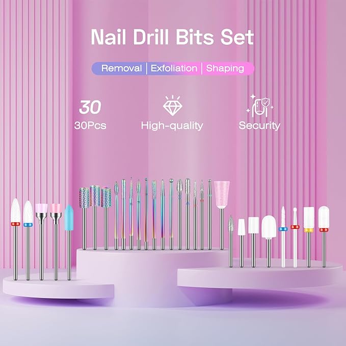 30PCS Nail Drill Bits Set with Holder Case, 3/32 Inch Tungsten Carbide Ceramic Diamond Efile Nail Bits Tool & Organizer for Acrylic Gel Dip Powder Cuticle Removal Polish, Nail Tech Manicure Pedicure