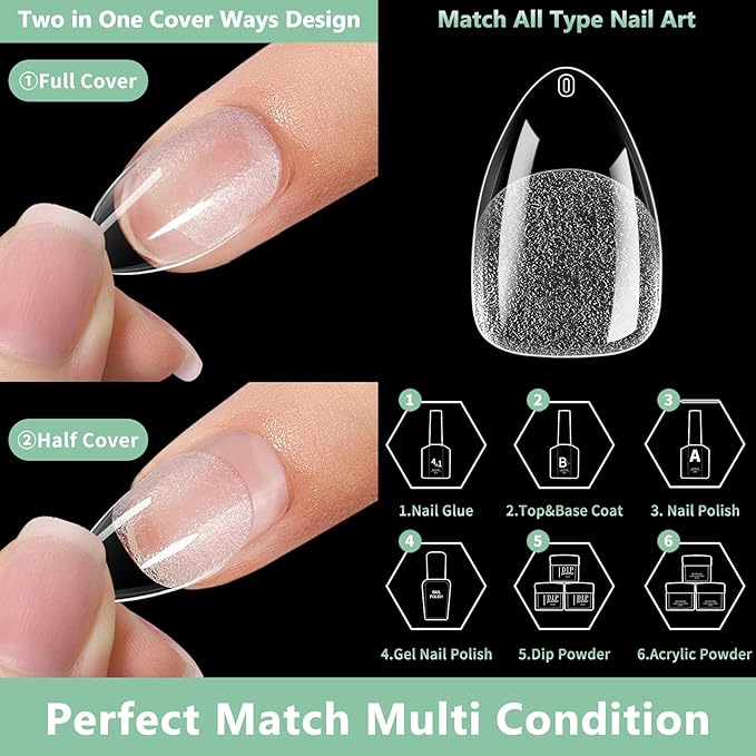 Short Almond Nail Tips, 15 Sizes 240 PCS Clear Acrylic Soft Fake Nails Gel Nail Tips, Full Cover Pre-Shaped Matte Long Lasting Press on Nails Extension for DIY Beginners & Salon Manicure