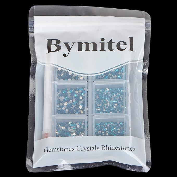 Bymitel 7200 Pieces 6 Mixed Sizes Glue Fix on Glass Rhinestones Round Crystal Gems Flatback for DIY Jewelry Making with one Picking Pen (6-Sizes 7200PCS, Blue Zircon)