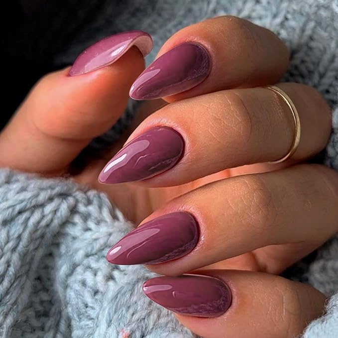 Plum Press on Nails Almond Shaped Medium Length - Neutral Acrylic Reusable Fake Nails for Women Girls, Glue on Stiletto False Nails, Soft Gel Artificial