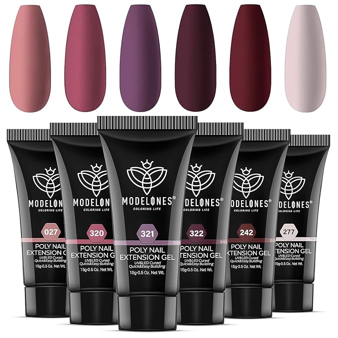 Modelones Poly Nail Gel Set, 6 Colors Peach Pink Burgundy Red Halloween Poly Extension Gel Nail Enhancement Builder Red Collection French Manicure DIY Home Salon Beauty Gift