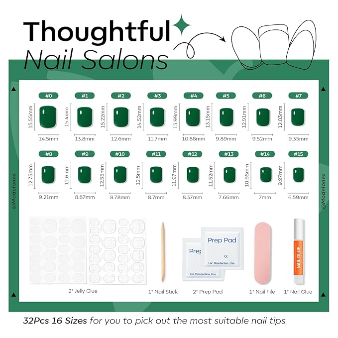 Modelones Extra Short Press on Nails, Jade Green Squoval Fake Nails, Reusable Nail Kit with Nail Glue Adhesive Tabs Mini Nail File, Nails Press Ons 32Pcs 16 Sizes, Spring Women Girl Gift