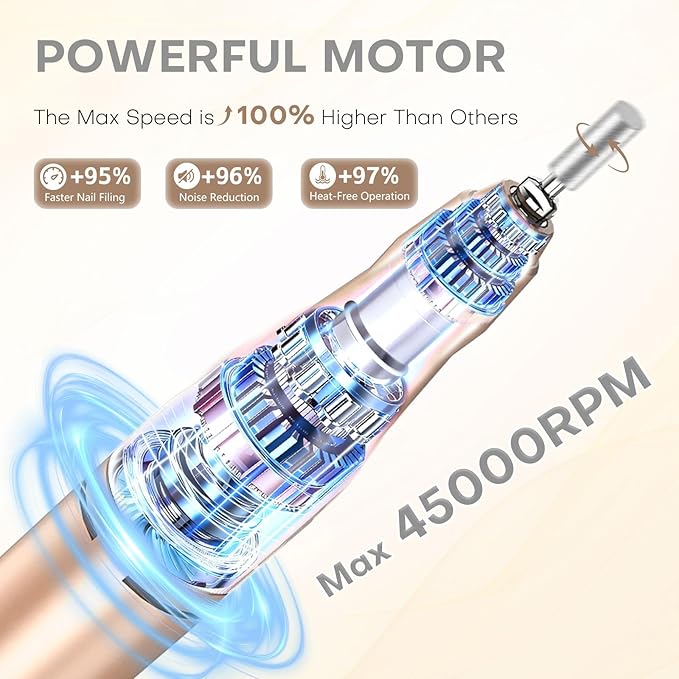 Nail Drill Electric Nail File Kit 45000 RPM Professional Efile Nail Set,Cordless Portable Rechargeable Acrylic Gel Nail Polish Remover Machine Pedicure Manicure Tool with for Salon Home Gold