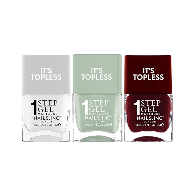 Nails Inc It's Topless Gel-Like Dirty Martini Nail Polish Trio, 4-in-1 Base Coat, Treatment, Color & Top Coat, Long Lasting, Strong, Chip Free, Glossy Salon Quality Manicure, Air Dry, 3 Piece Set