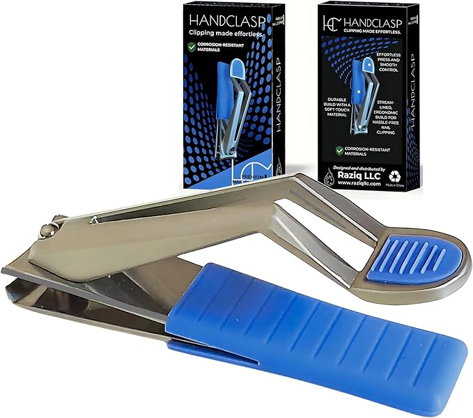 Nail Clippers, Stylish, Comfortable for Seniors, Fingernails, Premium Stainless Steel, Curved Edge, Wide Jaw, Ergonomic, Thumb Rest, Comfort Cuts, Women, Men, Teens, Special Needs, (Blue)