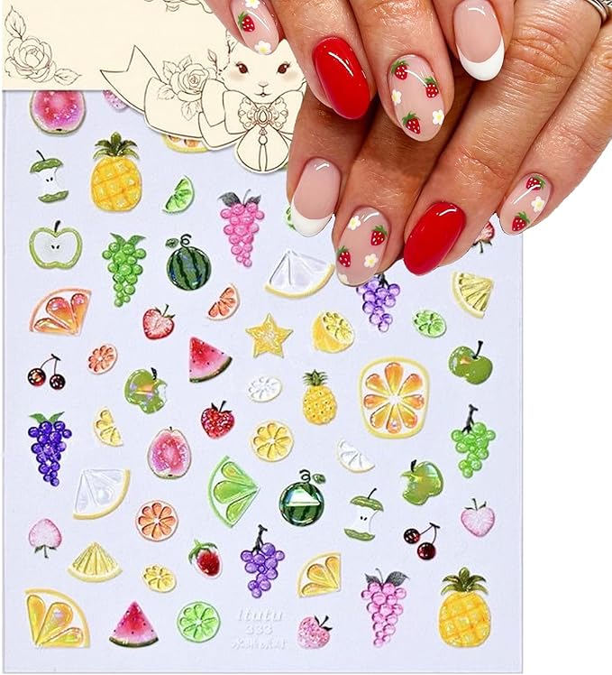 1 Sheets Fruit Nail Stickers 3D Embossed Nail Decals Cute Summer Nail Stickers for Nail Art Pineapple Grape Cherry Strawberry DIY Self-Adhesive Handmade Nails Supplies Accessories for Women Girls