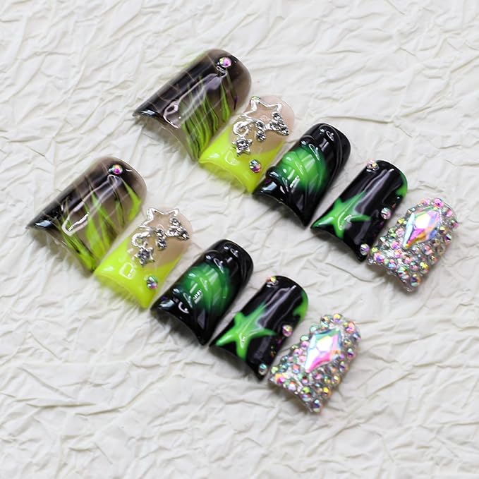 Handmade Press on Nails Medium Duck Nails with Glue,Black and Green Fake Nails with Star Rhinestone Design Reusable Acrylic Nature Stick on Nail Y2K False Nails for Wome (Size M)