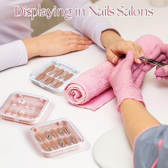 ISKYBOB 12 Packs Press On Nails Storage Boxes, Fake Nails Packing Cases with Tape Pink Nail Display Box for Home DIY, Nail Salon (3.3 x 3.3in)