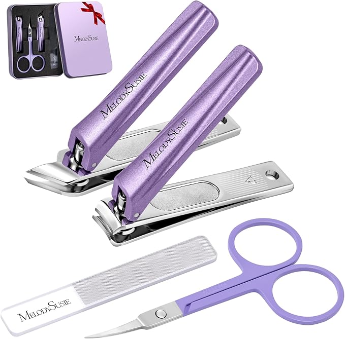 MelodySusie Nail Clippers Set 4 in 1, Ultra Sharp Toenail Clippers with Glass Nail File Cuticle Scissors, Stainless Steel Nail Clippers for Women, Fingernail Clipper Cutter Manicure Set Gifts, Purple