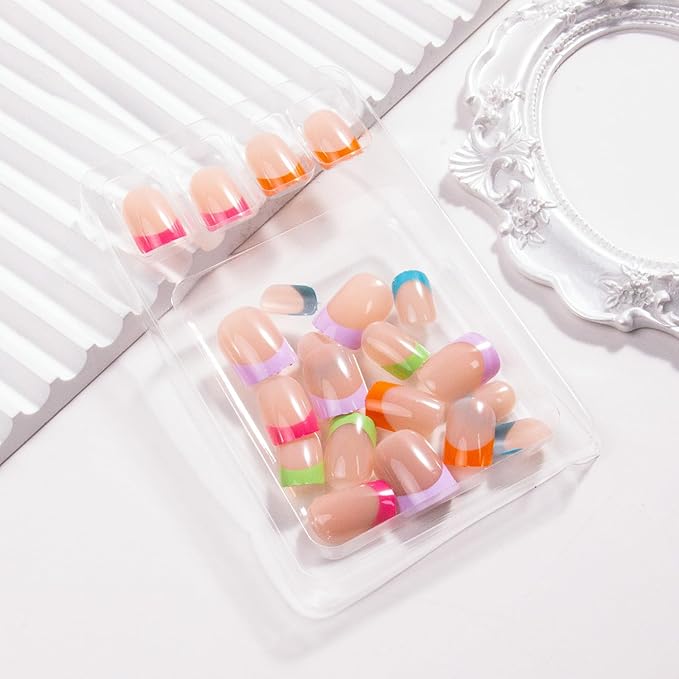 French Tip Press on Nails Short Square Fake Nails Colorful Nail Tips Glossy Cute Acrylic False Nails Reusable Artificial Nail Full Cover Stick on Nails for Women Manicure 24 Pcs