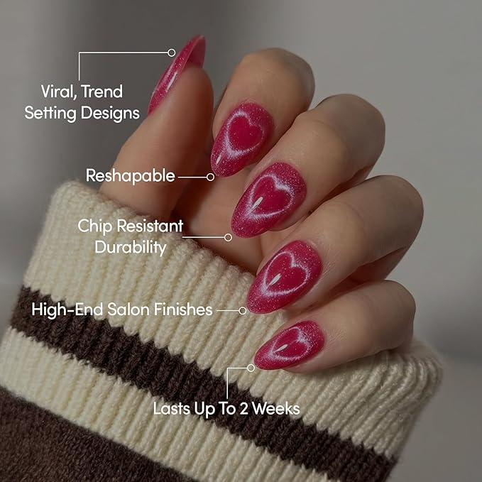 Glamnetic Press On Nails - Text Me Back | Short Almond Fake Nails in Hot Pink with Cat-Eye Magnetic Heart Designs in a Velvet Finish, Valentines Day Nails | 15 Sizes - 30 Nail Kit with Glue
