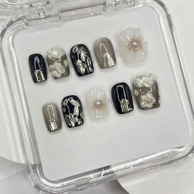 Handmade Press on Nails Short Square Shaped Fake Nails Pearl False Nails Designs Flower Press on Nails Full Cover False Nails Black Acrylic Artificial Nails for Women (Size M)