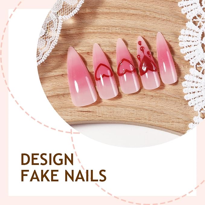 Valentines Press on Nails Long Fake Nails Almond Artificial Nail Pink Heart Love Designs Seeneey Cute Stick on Nail for Women 24pcs