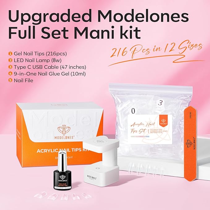 modelones Short Square Gel Nail Tips, 9-in-One Nail Glue with Portable U V Lamp 216Pcs 12Sizes Pre-Etched Press ons Fake Acrylic Extension Kit DIY Salon Gift for Women