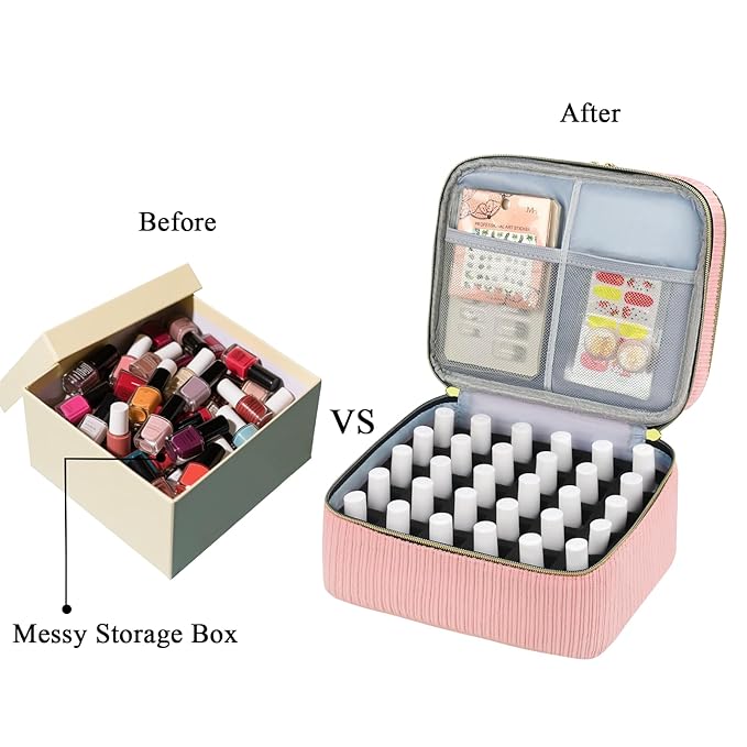 Nail Polish Organizer- Holds 30 Bottles, Nail Organizers and Storage Double-Layer Nail Bag Organizer Case Nail Polish Holder with Handle, Nail Kit Organizer for Manicures Tools (Pink)
