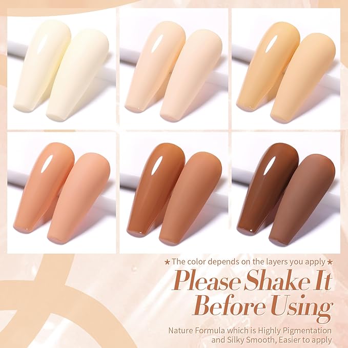 Born Pretty Nude Gel Nail Polish Set,6 Colors Neutral Beige White Nude Pink Brown Gel Polish Kit Skin Tones Collection Soak Off U V Gel Nail Kit Manicure DIY Home