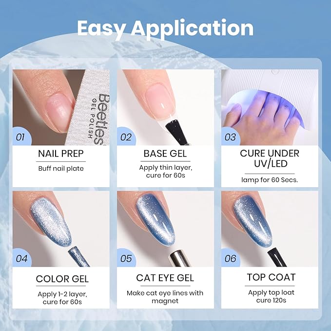 Beetles Glacial Sigh Blue Cat Eye Gel Nail Polish - 15ML Light Blue Cat Eye Glitter Gel Polish with Magnet Soak Off UV Velvet Nail Polish Salon DIY Nail Art Manicure Gift for Women