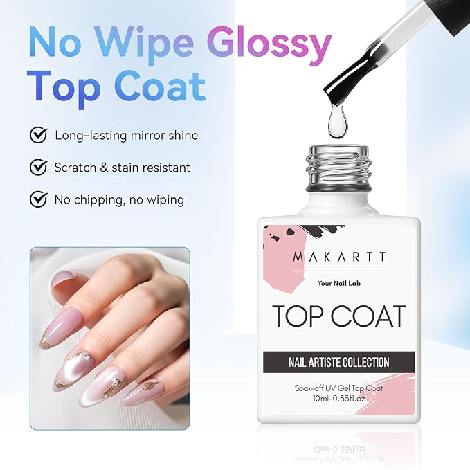 Makartt 2 Pcs Gel Top Coat and Base Coat Set - No Wipe Shine Finish Soak Off Base Top Coat Long Lasting for Gel Nail Polish, LED UV Lamp Needed, Salon Quality Nail Manicure Spring Gifts, 10ML
